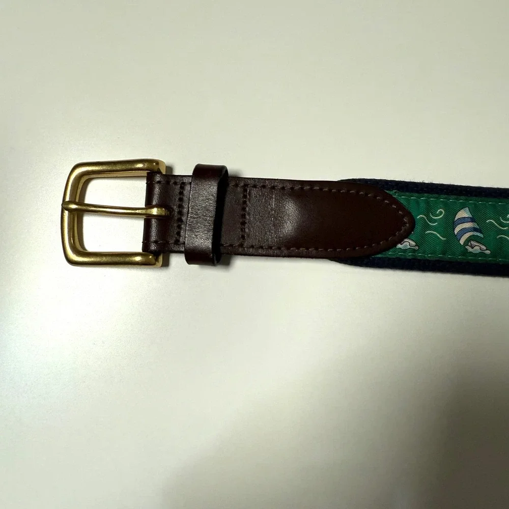 Vineyard Vines Belt Mens 36 Navy Green Sailboat Leather Brass Preppy USA Made